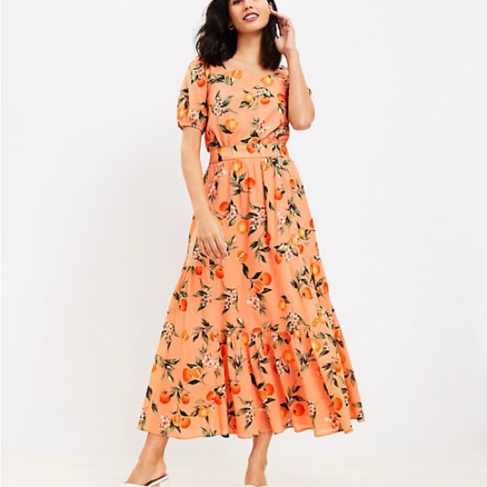 LOFT Orange Floral Midi Skirt